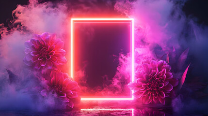 Poster - Neon Light Frame with Flowers and Smoke