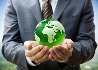 Businessman holding green Earth globe symbolizing sustainability