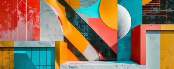 Modern geometric collage with bold colors and sharp lines, 4K hyperrealistic photo