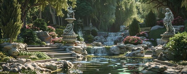 Serene garden with a water feature and stone statues, 4K hyperrealistic photo