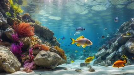 Serene underwater ocean landscape featuring colorful fish, swaying seaweed, and natural rock formations in a peaceful outdoor setting.