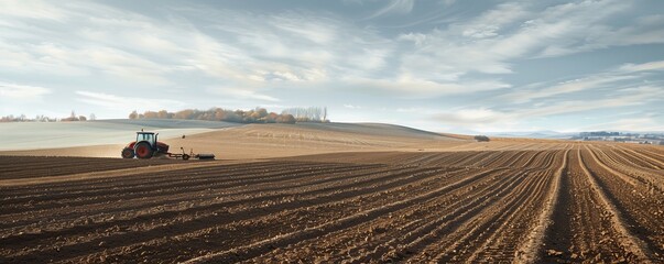 Poster - Plowed field ready for planting with a tractor, 4K hyperrealistic photo