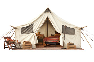 A vintage and nostalgic canvas tent reminiscent of old-fashioned camping trips, set up in a nostalgic outdoor setting, isolated on a white background