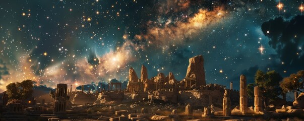 Poster - Constellations over ancient ruins, 4K hyperrealistic photo