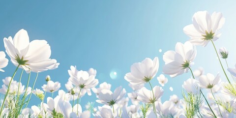 Aufkleber - 3D cartoon depiction of blooming beautiful cosmos anemone flowers from a low angle against a blue sky backdrop Background of white cosmos spring flowers with space for a message Concept of natural