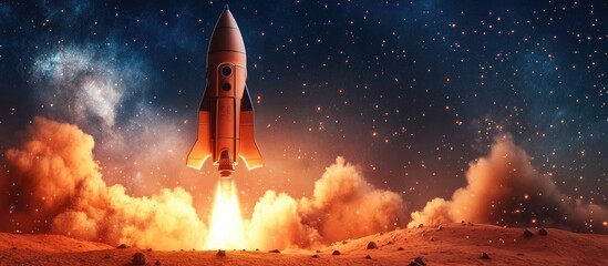 Poster - Space rocket shuttle takes off into a starry sky exploring and settling on the red planet 3D cartoon rendering of a spaceship lifting off with smoke and blast