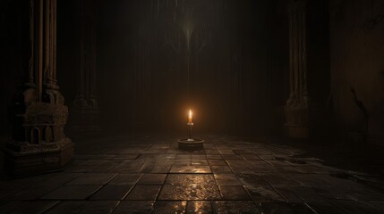 In a vast, dark gothic cathedral, a single candle flickers, casting light onto the wet stone floor. The towering columns and ornate details create a dramatic and mysterious atmosphere, perfect for