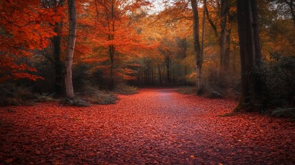 Wall Mural - path through a forest in autumn with red leaves on the ground.