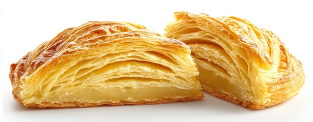 Wall Mural - Golden Layers of Sweet Indulgence: Freshly baked puff pastry, split open to reveal a creamy, custard-like filling, tempts with its golden hue and promise of sweet satisfaction.