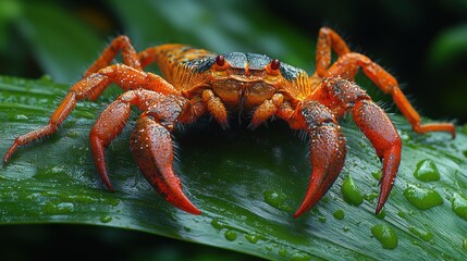 Sticker - A close-up of a vibrant crab resting on a leaf with raindrops.