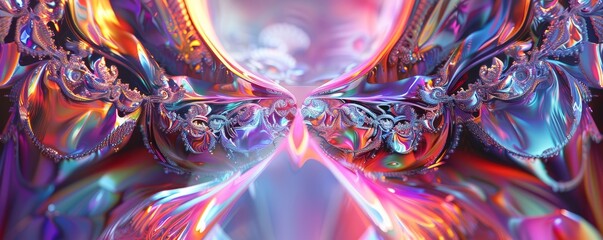 Sticker - Reflective 3D fractal with iridescent patterns, 4K hyperrealistic photo