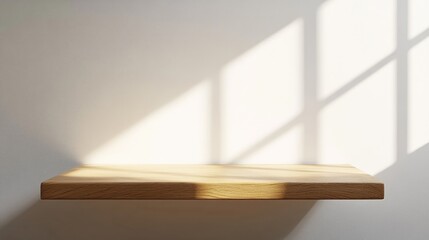 Poster - A simple wooden board or tabletop is positioned against a white wall with sunlight creating shadows A minimalist backdrop for product display 3D render 3D illustration