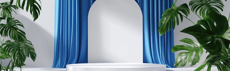 Empty podium with blue curtain featuring an arch and monstera leaves in a white setup designed for modern stage presentations and minimalist mockups abstract display background 3D illustration or