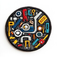 Poster - A circular embroidery design featuring a variety of colorful shapes and patterns on a black background.