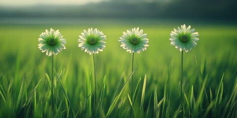 Three green flowers in grass beside rice fields