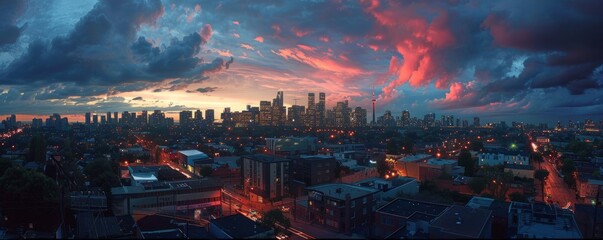 Wall Mural - Dusk settling over a bustling city skyline, 4K hyperrealistic photo