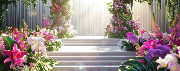 Poster - Graduation ceremony stage with floral arrangements, 4K hyperrealistic photo