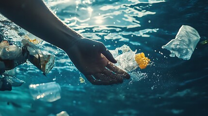 Wall Mural - Hand Reaching For Plastic Pollution in the Ocean