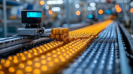 Automated Precision:  A close-up of a high-tech assembly line, showcasing a robotic arm meticulously handling a stream of golden components.  The image evokes a sense of efficiency and automation in m