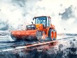 © nitiroj - Road roller preparing a runway at an airport, modern infrastructure, watercolor style