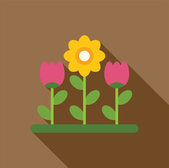 Poster - Simple icon style illustration of colorful flowers growing in the ground with a long shadow