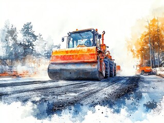 Wall Mural - Road roller smoothing fresh asphalt, urban construction site, watercolor style