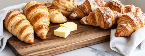 Wall Mural - Golden Brown Perfection: Freshly Baked Croissants Arranged on a Rustic Wooden Board