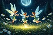 © darion - Three fairies with wings dance in a magical forest glade under a full moon, surrounded by flowers and fireflies.