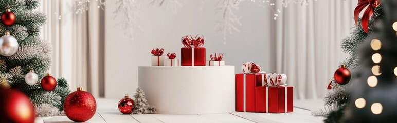 Aufkleber - Christmas banner featuring product display on a white podium rendered in 3D
