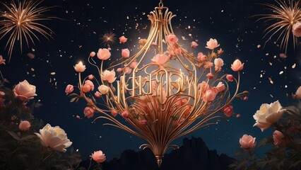 Wall Mural - fireworks over the river,Aesthetic floral logo with surreal elements, combining a chandelier and fireworks outdoors, creating an imaginative and lively scene.