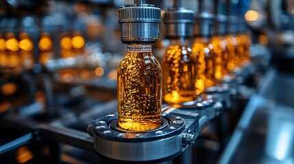 Bottling Success: A close-up view of amber liquid being bottled on a factory production line, showcasing the meticulous process of manufacturing and packaging. The golden glow of the bottles.