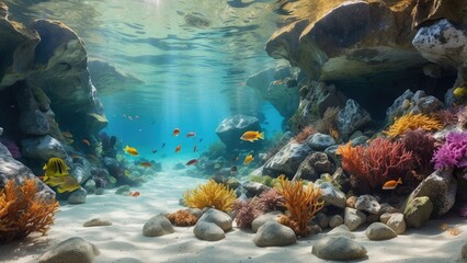 Serene underwater ocean landscape featuring colorful fish, swaying seaweed, and natural rock formations in a peaceful outdoor setting.