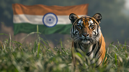 majestic bengal tiger against indian flag backdrop symbolizing national pride and wildlife conservat