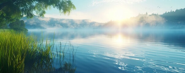 Wall Mural - Tranquil lake with mist rising at dawn, 4K hyperrealistic photo