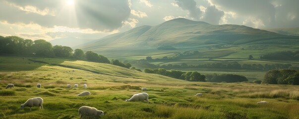 Canvas Print - Sunlit hills with sheep grazing in the pasture, 4K hyperrealistic photo