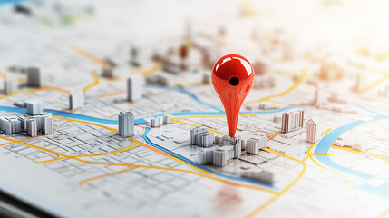 Wall Mural - red pin is marking a specific location on a 3d city map with buildings and a river
