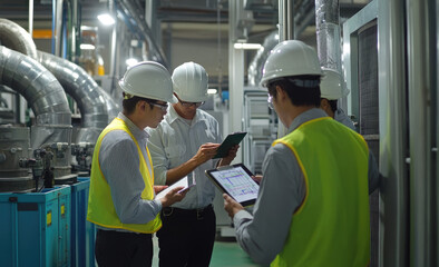 A high-tech factory with large pipes and stainless steel equipment, two Asian workers in white helmets stand next to a table holding clipboards and using tablets to monitor air quality