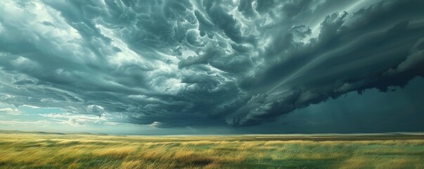 Wall Mural - Thunderstorm clouds over prairie landscape, 4K hyperrealistic photo