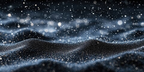 Abstract black background with delicate snowflakes or powdery particles falling and scattering, creating a wintery and textured visual perfect for holiday designs, festive presentations, or creative p