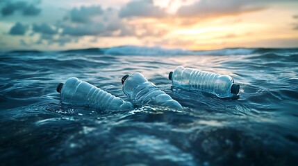 Wall Mural - Plastic Bottles Floating on a Blue Ocean