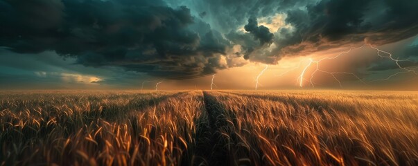 Wall Mural - Lightning bolts over expansive wheat fields, 4K hyperrealistic photo