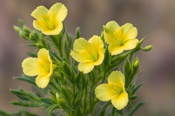 Wall Mural - Yellow evening primrose with four bright yellow petals and green buds, AI Generated