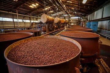 Wall Mural - Roasted Coffee Beans in Large Metal Drums in a Processing Facility