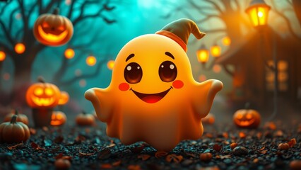 Poster - A friendly ghost smiles in a spooky Halloween setting.