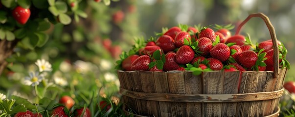 Freshly picked strawberries in wooden basket, 4K hyperrealistic photo