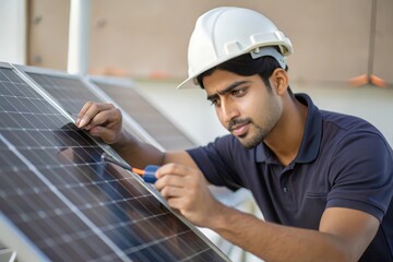 Indian Technician Repairing Solar Panel
