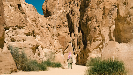 Wall Mural - bedouin in white goes in the canyon in the desert among the rocks in Egypt Dahab South Sinai