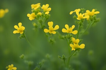 Wall Mural - Yellow mustard flowers with small cross shaped petals and green stems, AI Generated