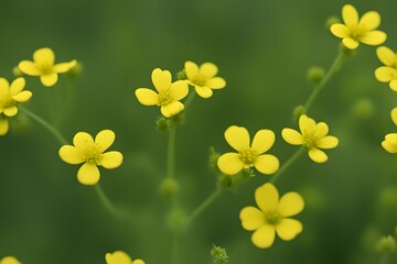 Wall Mural - Yellow mustard flowers with small cross shaped petals and green stems, AI Generated