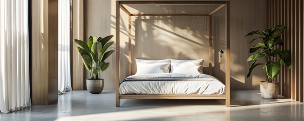 Sticker - Modern bedroom with a four-poster bed and minimalist design, 4K hyperrealistic photo